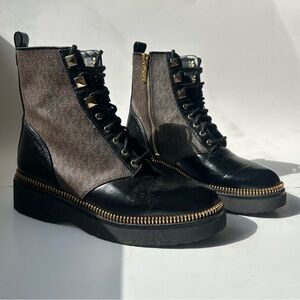 MICHAEL KORS Haskell Stacked Heel Leather Combat Boots (Size 7M Women)